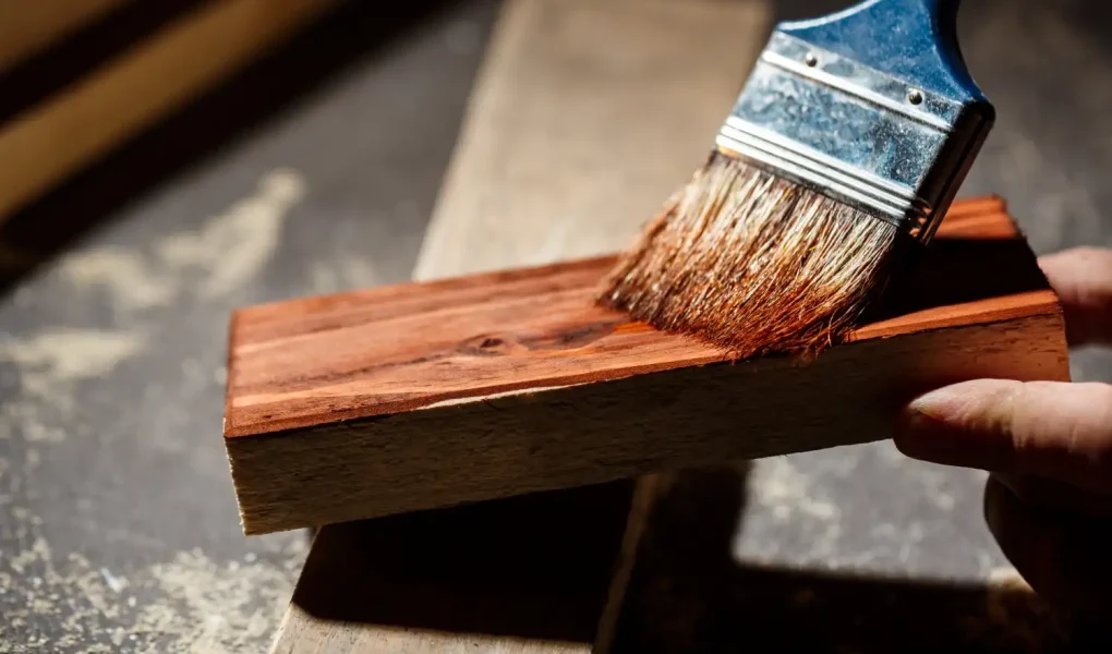 Imagem de uma pessoa aplicando resina epóxi em uma madeira, ideal para quem procura onde comprar resina epóxi para madeira. A resina proporciona acabamento e proteção.