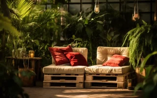 Espaço aconchegante de decoração para jardim, com sofás em pallets e almofadas vermelhas, rodeado por plantas exuberantes, destacando as tendências de decoração para o jardim de casa.
