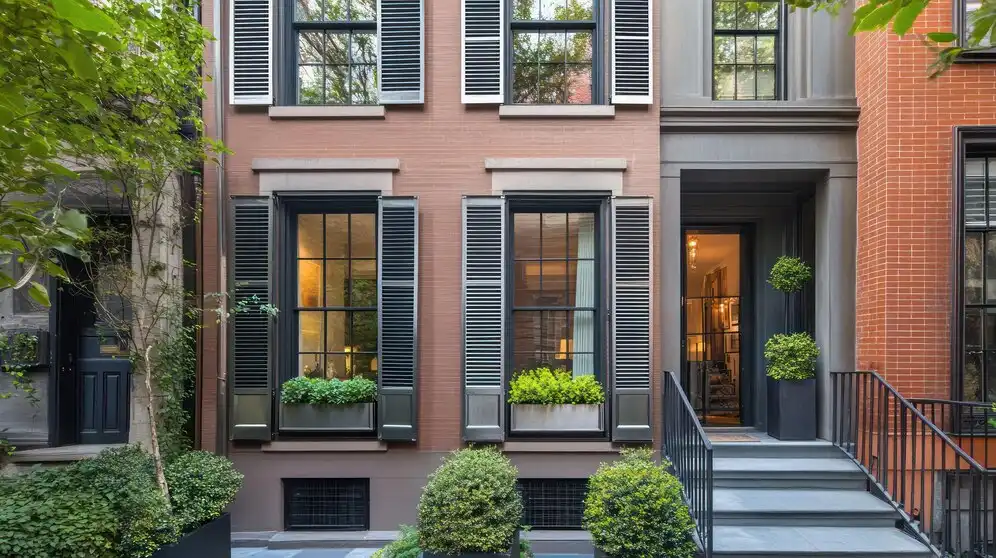 Fachada moderna de residência com janelas elegantes, flores na janela e escadaria, apresentando ideias modernas para fachadas residenciais.