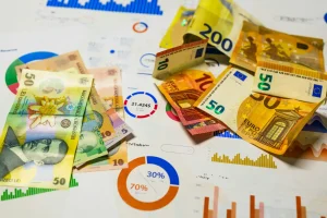 Dinheiro de diversas denominações europeias sobre gráficos de investimentos destacando a importância da diversificação nos investimentos.