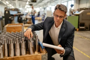 Homem avalia preços de produtos industriais em fábrica, importante para calcular preço de venda e margem de lucro. Conheça estratégias de precificação.