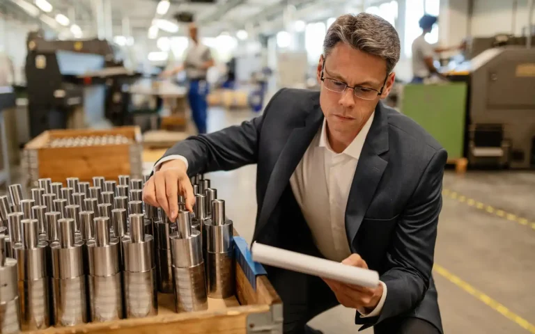 Homem avalia preços de produtos industriais em fábrica, importante para calcular preço de venda e margem de lucro. Conheça estratégias de precificação.
