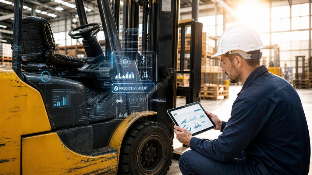 Técnico inspeciona empilhadeira com tablet exibindo dados de telemetria digital
