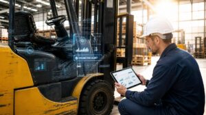 Técnico inspeciona empilhadeira com tablet exibindo dados de telemetria digital