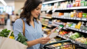 Consumidor em corredor de supermercado segurando smartphone com aplicativo de descontos e lista de compras, ao lado de uma cesta com frutas e verduras