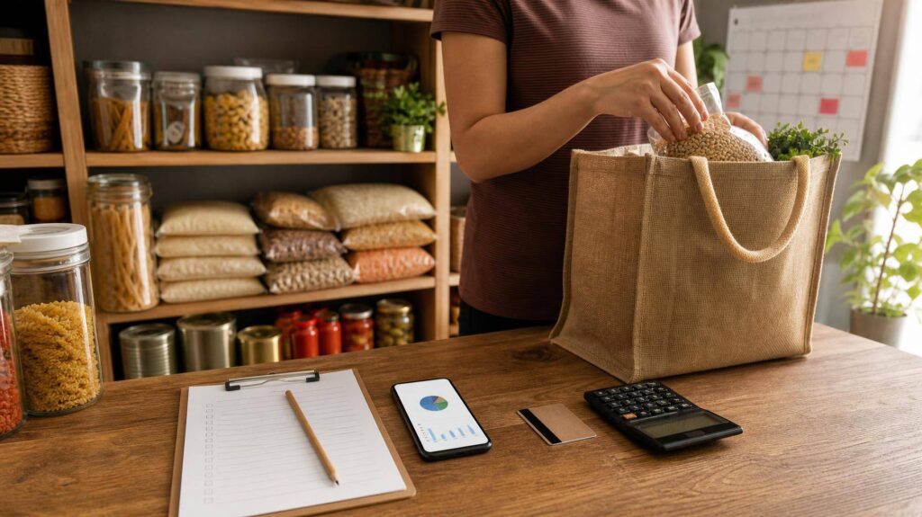 Despensa doméstica organizada com mantimentos, lista de compras, smartphone com aplicativo de orçamento e cartão de fidelidade.